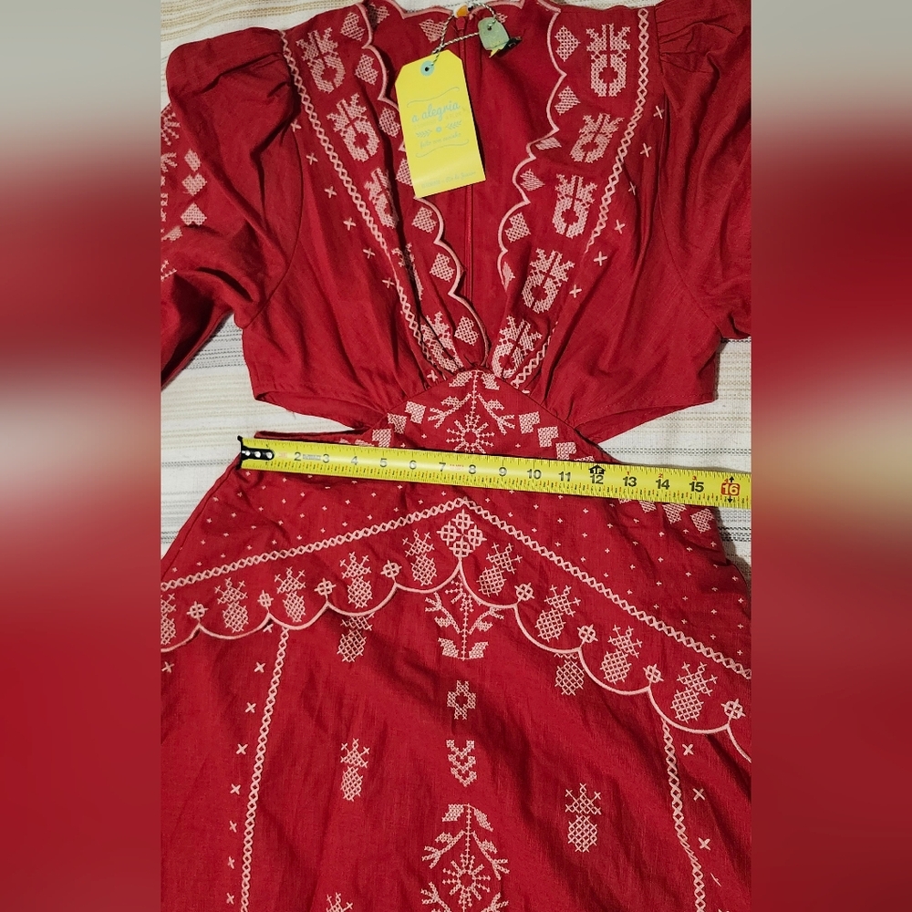 FARM Rio Brazil Red Embroided Dress Puff Sleeves Size L - Picture 8 of 13